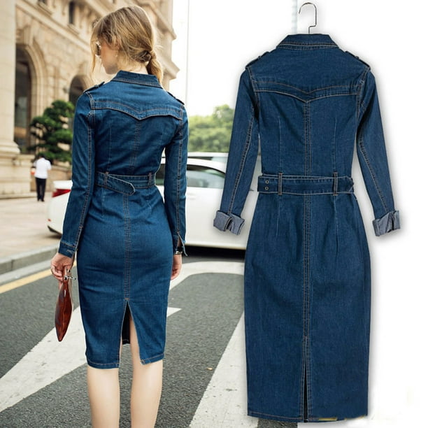 RXIRUCGD Casual Dresses for Women Women Winter Office Slim Jeans Mid-Cuff  Dress With Belt for Women Jeans Dress Jean Dresses for Women Denim Blue