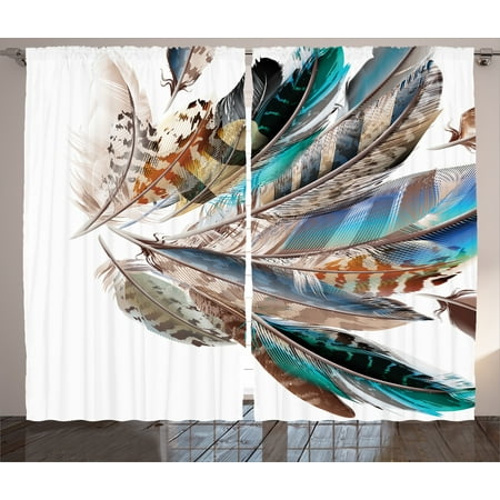 Teal Brown Room Feather House Decor Curtains 2 Panels Set, Vaned Types and Natal Contour Flight Feathers Animal Skin Element Print, Window Drapes for Living Room Bedroom, 108W X 84L Inches, Teal Brown, by Ambesonne ()