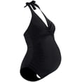 thumbnail image 1 of ZECATL Maternity Swimwear One Piece Halter Pregnancy Swimsuit Solid Bathing Suit with Drawstring Adjustable Black(L, 1 of 7