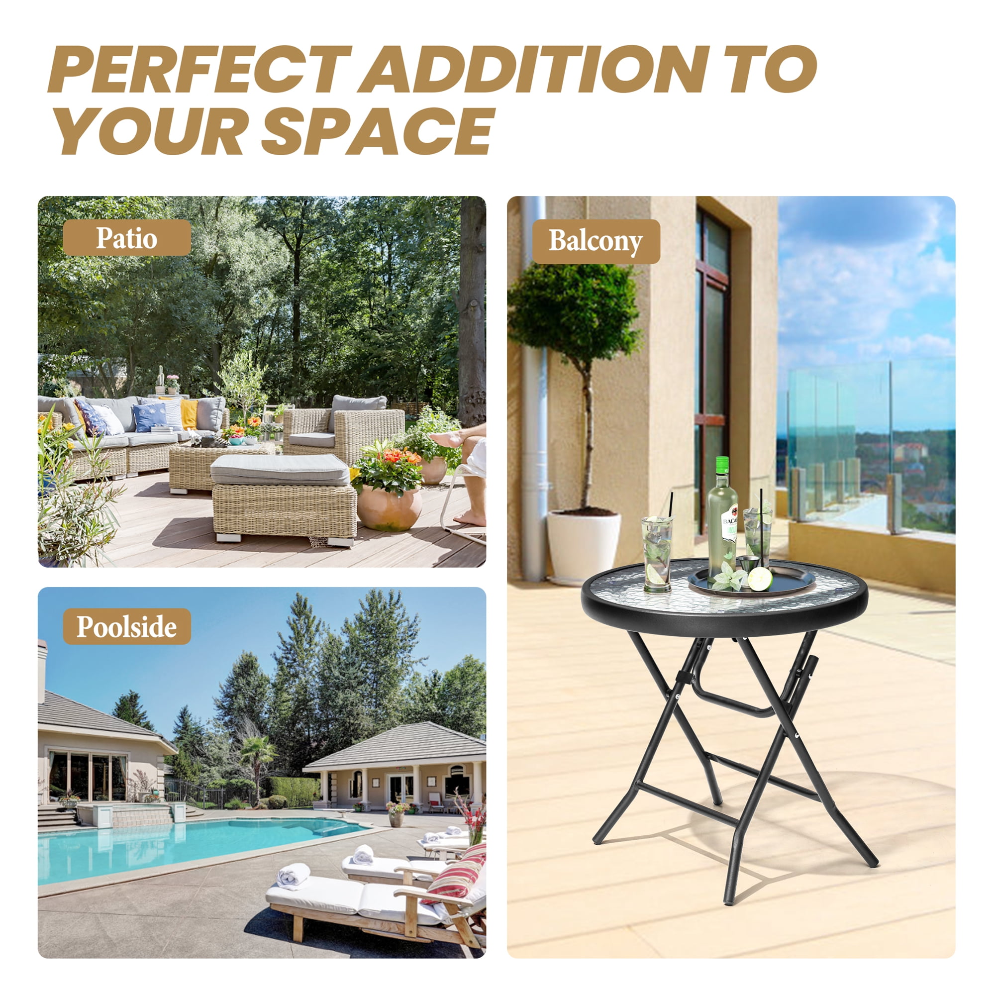 Crestlive Products Outdoor Side Tables Foldable Patio Side Table with Tempered Glass Table Top, Black