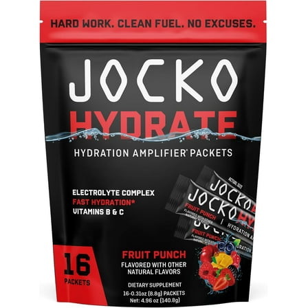 Jocko Fuel Hydrate Electrolytes Powder Packets Low Sugar - Hydration Amplifier Packets for Recovery, Dehydration, & Exercise - with Vitamins B6, B12 & C (16 Packets) Fruit Punch