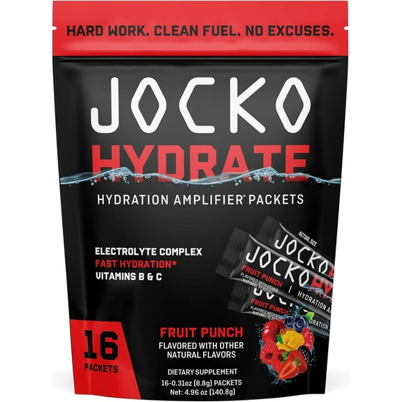 Jocko Fuel Hydrate Electrolytes Powder Packets Low Sugar - Hydration Amplifier Packets for Recovery, Dehydration, & Exercise - with Vitamins B6, B12 & C (16 Packets) Fruit Punch