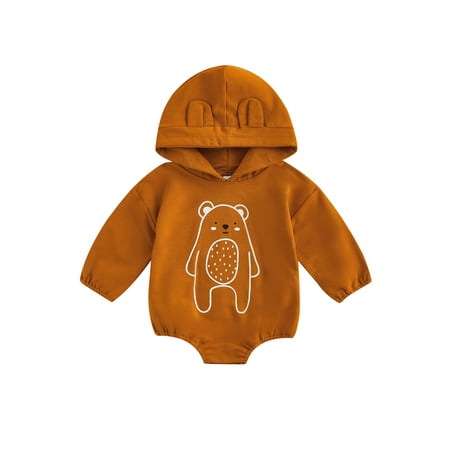 

wybzd Infant Baby Girls Boys Romper Cartoon Bear Print Ear Hooded Long Sleeve Jumpsuits Clothes Brown 0-3 Months