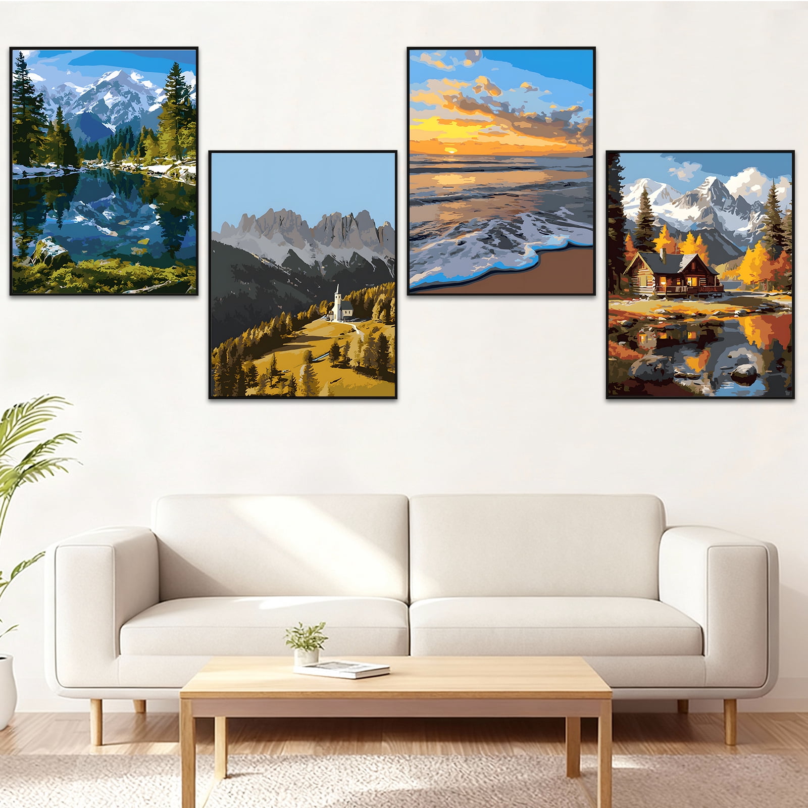 Qoosea 4 pack Paint by Number for Adults Canvas, DIY Landscape Paint by Number Kits for Adults Beginner, Home Wall Decor, Gifts (12x9 inch)