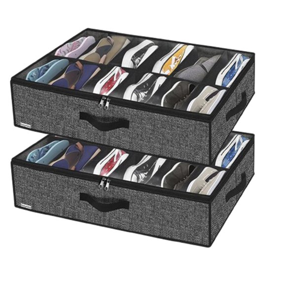 Bxaolu Under Bed Shoe Storage Organizer with Sturdy Handles and Clear Window 2 Pack Fits 24 Pairs, Premium Foldable Underbed Shoes Container Box for Closet, Linen - Black