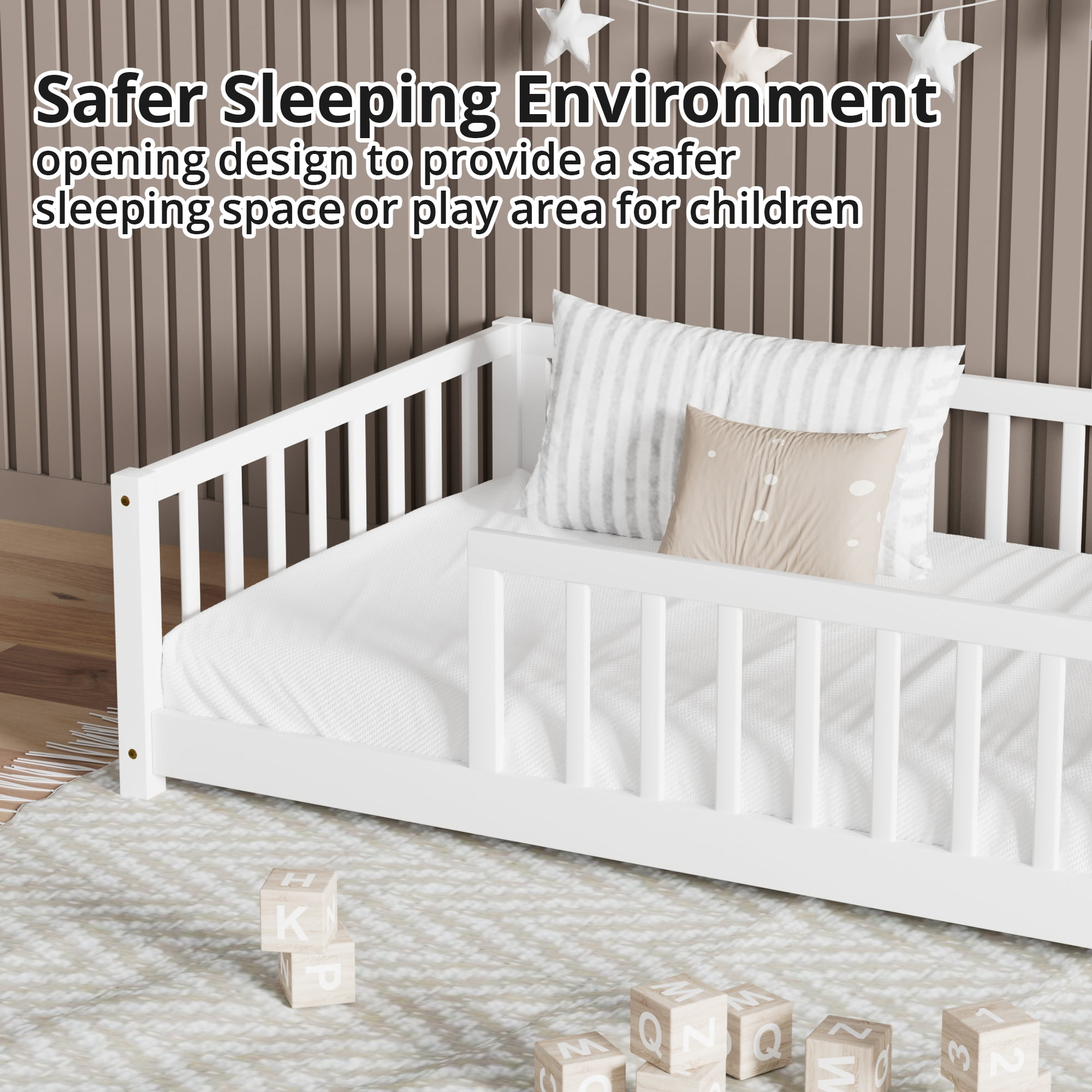 Twin Size Floor Bed, Wood Twin Montessori Bed Frame with Fence Guardrails and & Support Slats, Twin Playhouse Bed without Door, White
