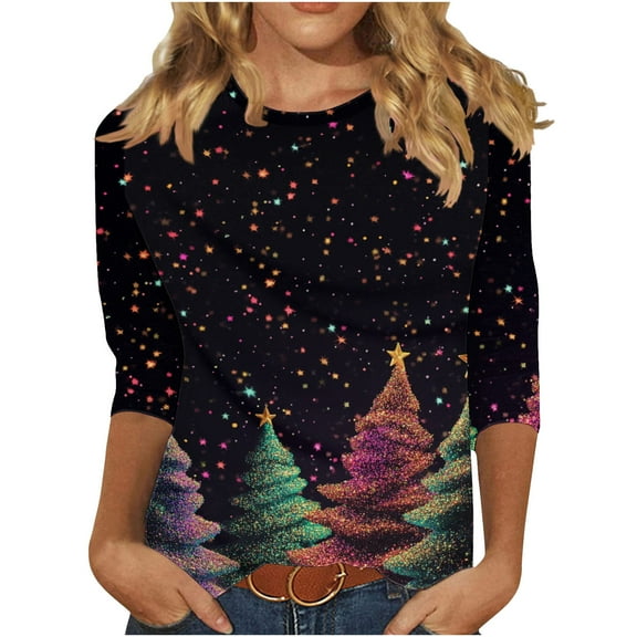 asdoklhq Christmas Oversized Sweatshirt for Women Christmas Sparkling Colorful Christmas Tree Print Three Quarter Sleeve 3/4 Round Neck Top Multicolor 3X