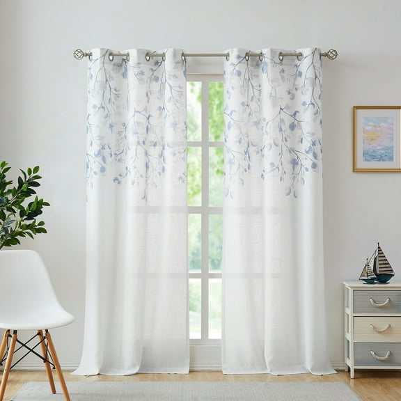 Uptown Home Navy Blue Leaf Floral Print Metallic Sheer Curtain Autumn Fall Window Curtain Panel for Living Room Rustic Sparkling Decorative Grommets Top Farmhouse Drapes,40"x84"x2