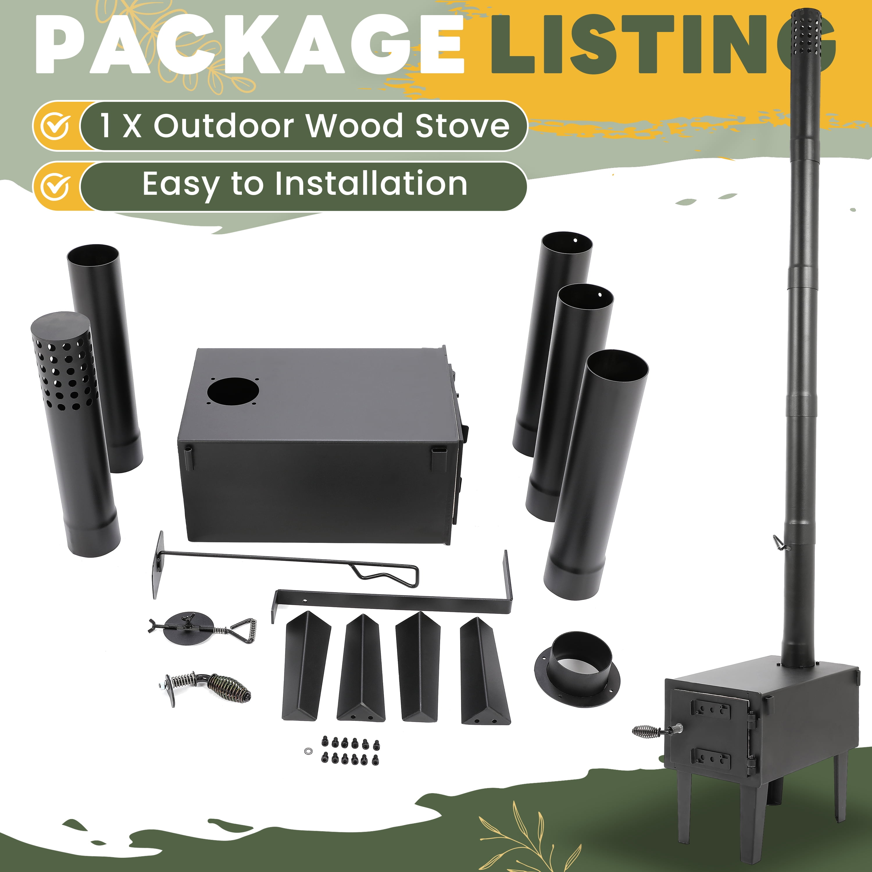Kojem Wood Burning Stove Tent Camping Stove for Outdoor Cooking Fishing Hiking Travel Portable Heater W/Storable Chimney Pipes