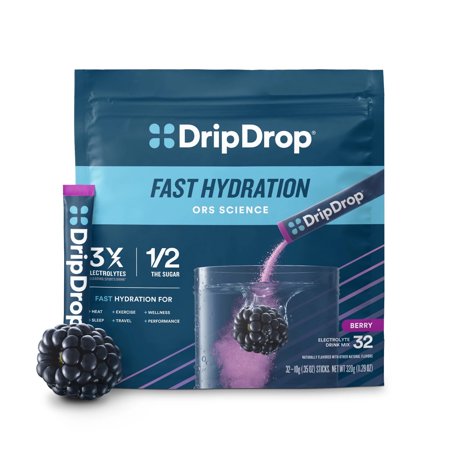 DripDrop Electrolyte Powder Drink Mix for Dehydration Relief Fast, Berry, 32pk