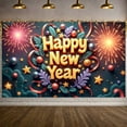 thumbnail image 3 of Golden Lettering Happy New Year Banner Firework Design Festive Backdrop Star Decorations Ribbon Accents Holiday Background for New Year Party Indoor Decoration Family Reunion, 3 of 9