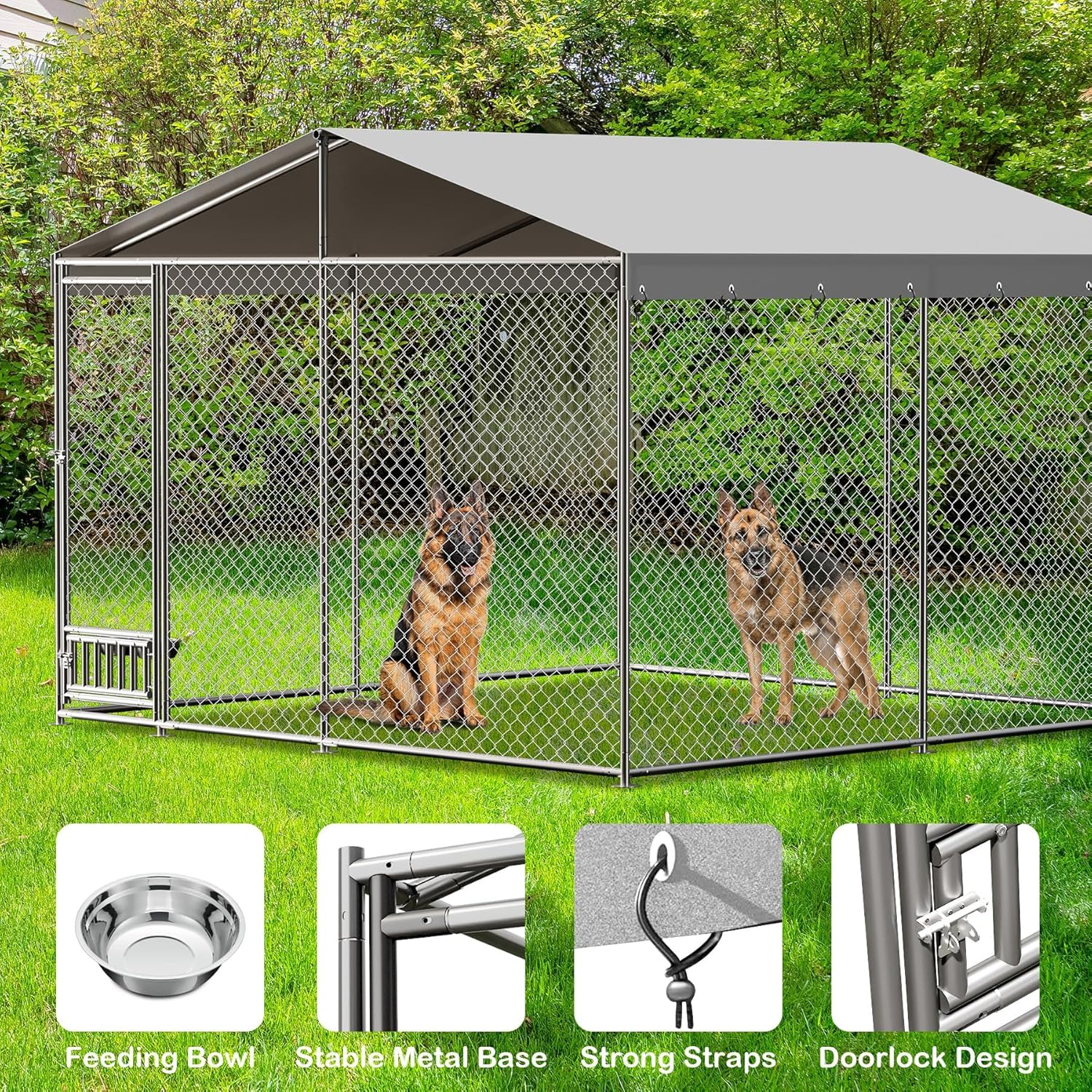 Luku Outdoor Dog Kennel with Waterproof Canopy, Large Dog House with Feeding Doors for Backyard
