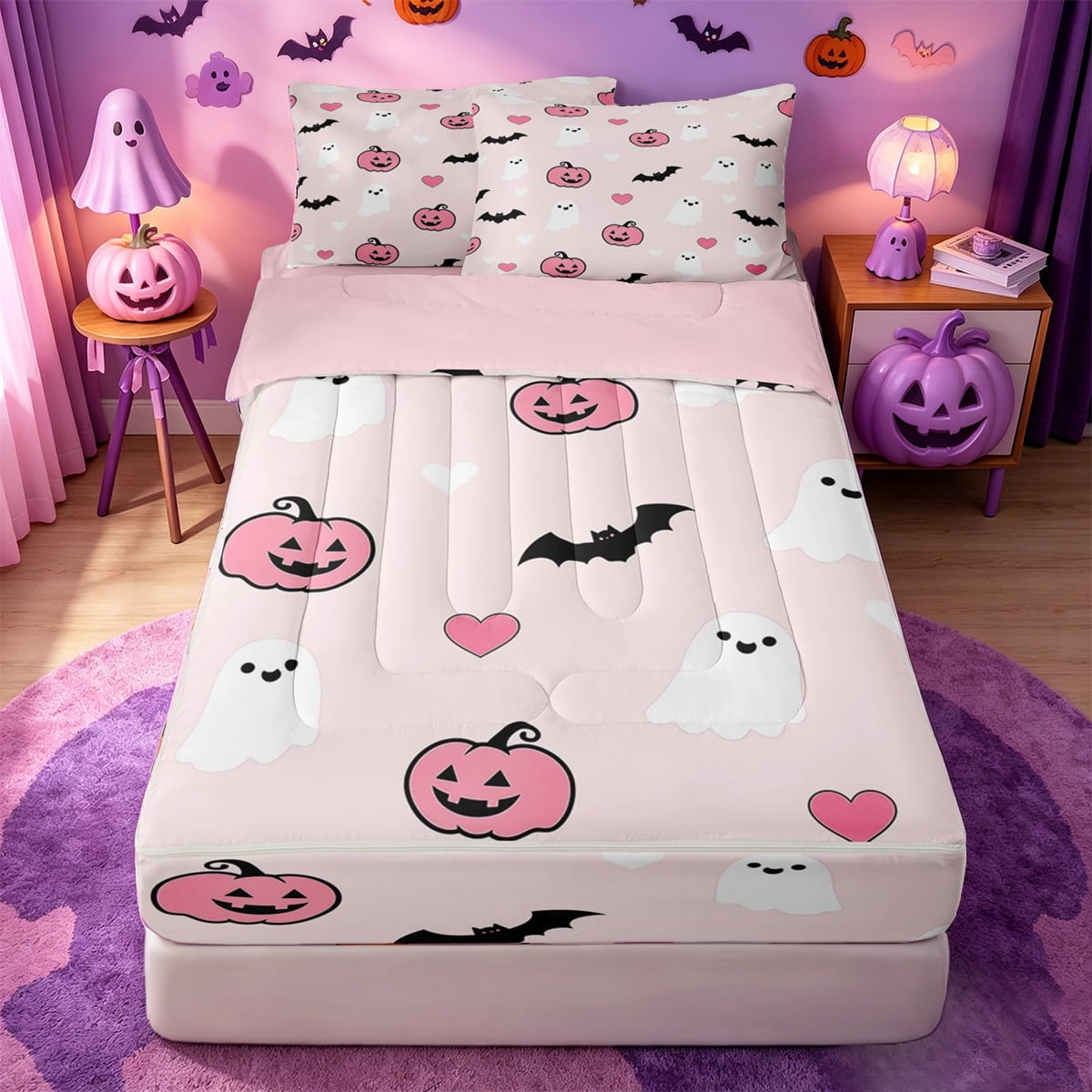 Homewish Girly Cute Halloween Ghost Zipper Twin Comforter Sets with Fitted Sheet and 2 Pillowcases Pumpkin Bat Heart Print Zipper Bedding Set Light Pink Black Pink Reversible 4pcs