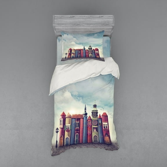 Ambesonne Fantasy Bedding Set 3 Pcs, City of Old Books Birds, Twin XL, Red and Blue