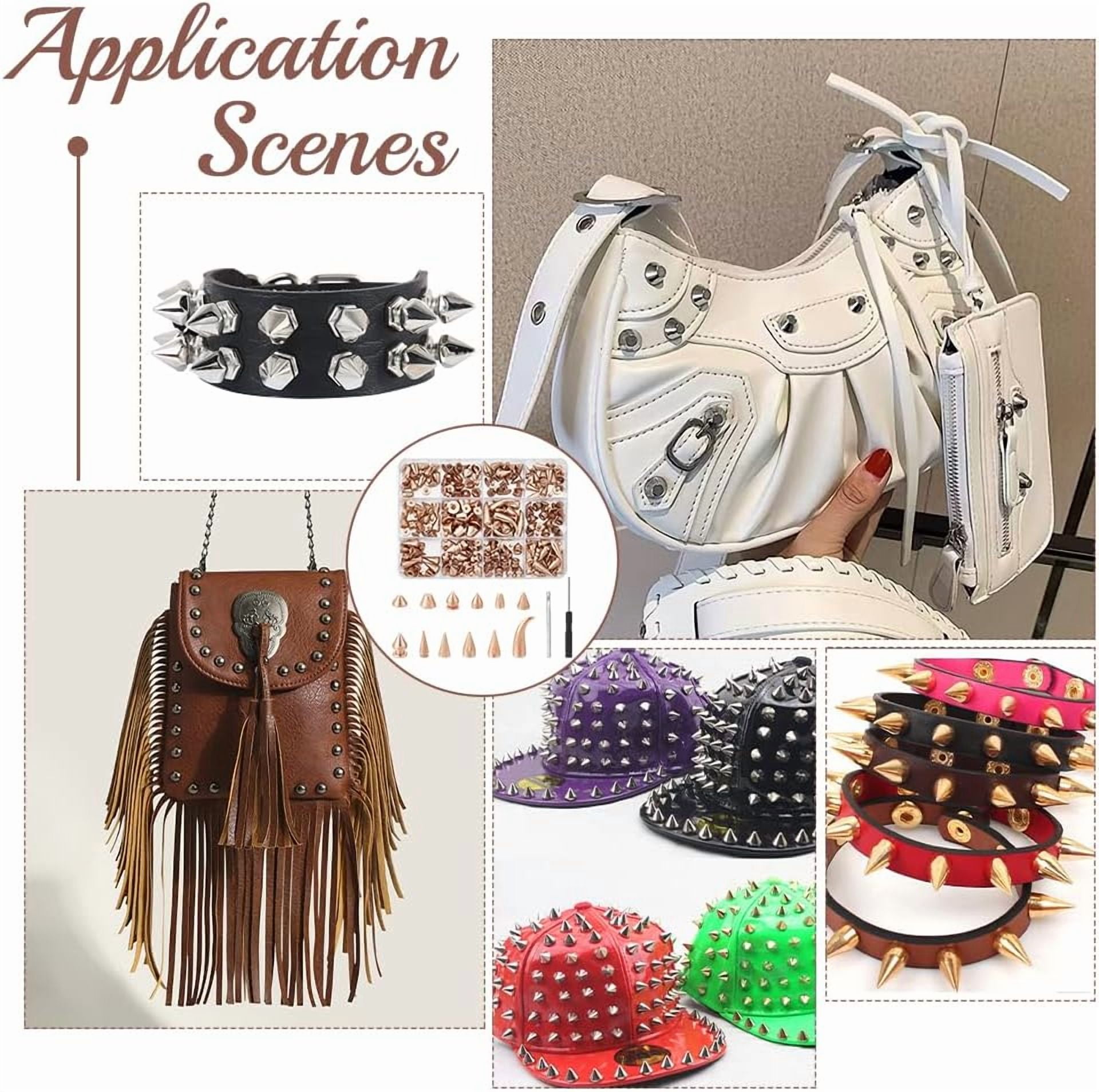 120 Sets 12 Styles Screw Back Studs and Spikes Kit Punk Spikes and Studs Gold Screw Back Cone Studs and Spikes Rivet Kit with Install Tools for Leather Craft Clothing Shoes Belts Bags Gold