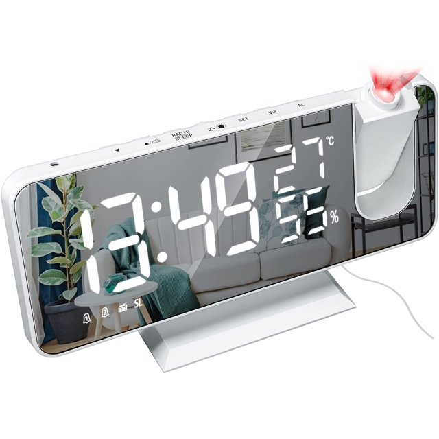 HAHDAXIA Projection Digital Alarm Clock for Bedrooms, FM Radio Alarm Clock, 7.5'' Dual Alarms with Snooze, USB Charging Port, Temperature & Humidity Display, 180° Rotable, 4 Dimmer, 12/24 Ho