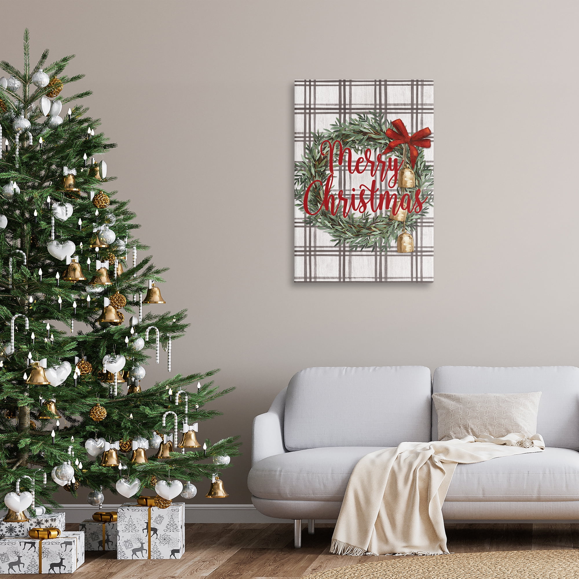 Stupell Industries Plaid Christmas Wreath Holiday Painting Gallery Wrapped Canvas Art Prints Wall Art, 24 x 36