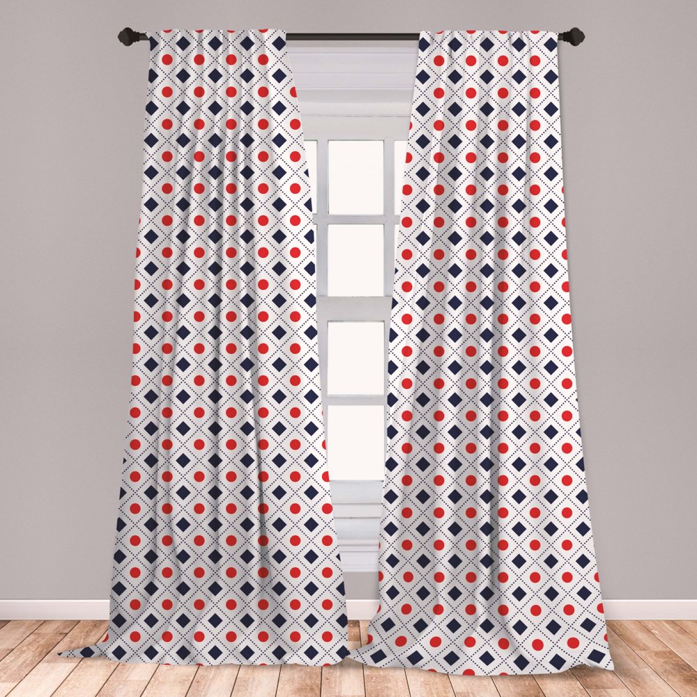 Navy Blue and Red Curtains 2 Panels Set, Big Red Dots Squares and