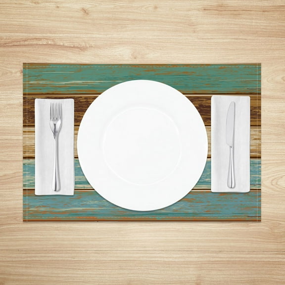 MIZHONA Teal Wood Placemats Set of 4,Rustic Woodern Linen Table Mats for Table Decorations 12x18 in