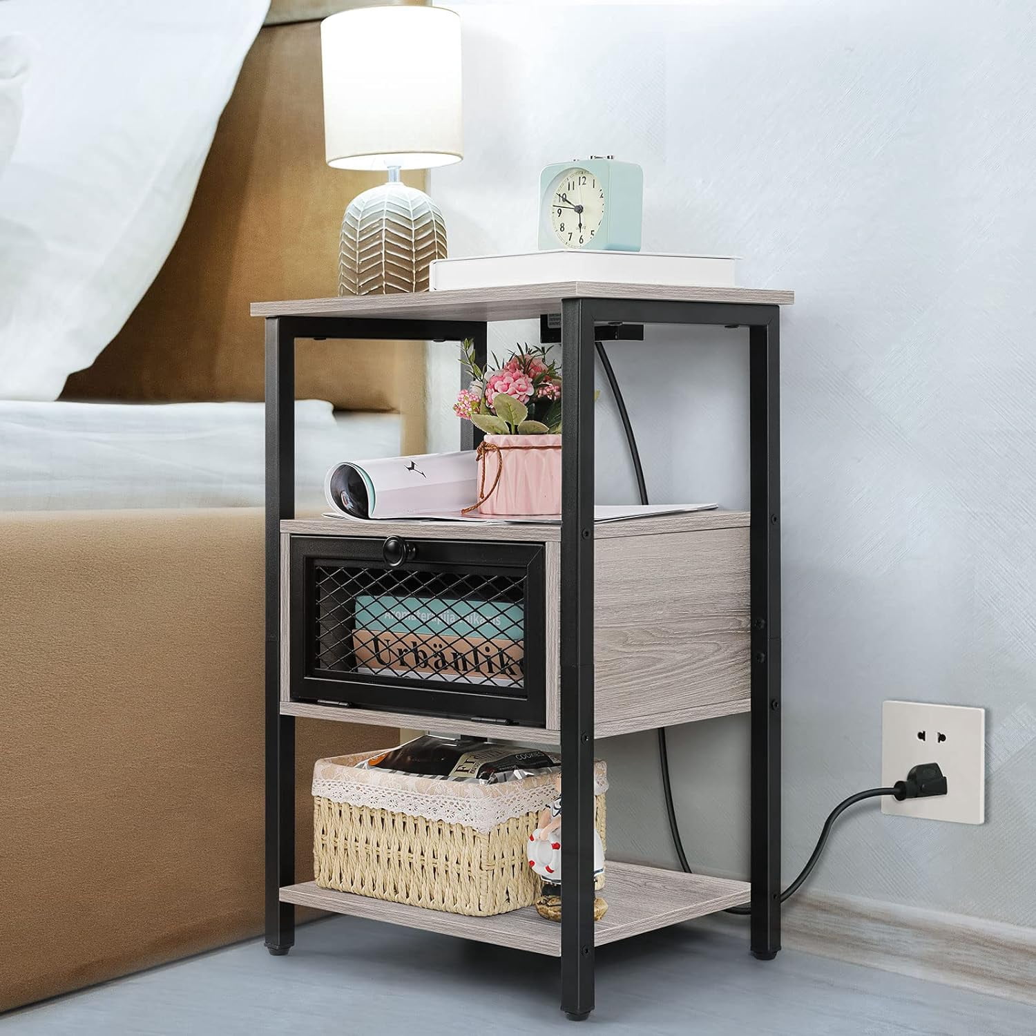 Nightstand with Charging Drawer Side Table Gray