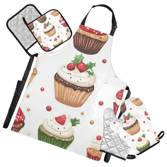 Christmas Cupcakes Cute Apron Set with Oven Mitts Pot Holders Set of 5 Kitchen Stuff Accessories