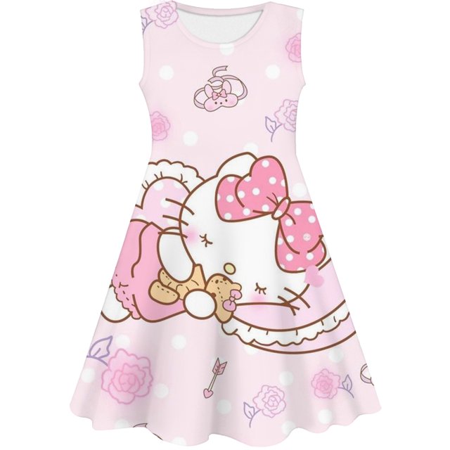 Nouvelle Robe d'Été Sans Manches pour Enfants 3-12 Ans Hello Kitty, Chemises de Nuit Imprimées Dessin Animé pour Filles, Robes de Fête pour Enfants, Pyjamas