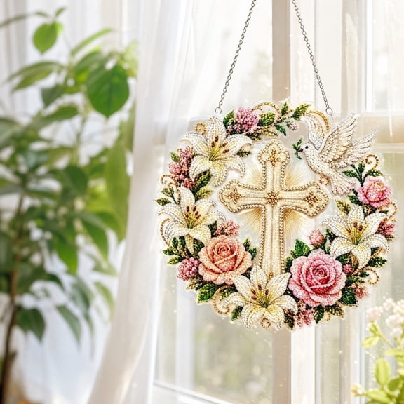 Cross, Flowers & Dove Diamond Art Hanging Ornament Kit, Pre-Printed Clear Acrylic Base Diamond Painting Kit, Peace Dove Floral Cross Design Easy DIY Craft for Adults
