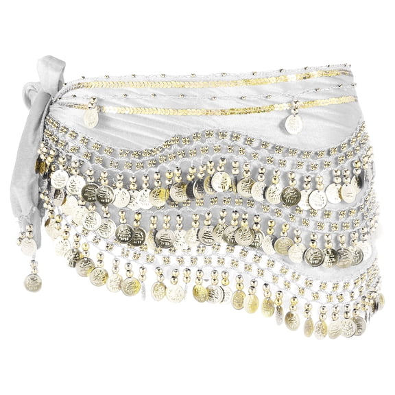 Uxcell Women's Belly Dance Hip Scarf with Sequins Triangle Wrap Skirts Waist Chain for Party Costume Performance White
