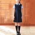thumbnail image 4 of Spazoro Girls School Uniform Sets, Collar Short Sleeve Shirts+ Dress+ Necktie Spring Summer Solid 3PC Outfit Sets for Kids Navy Size 5-6 T, 4 of 6