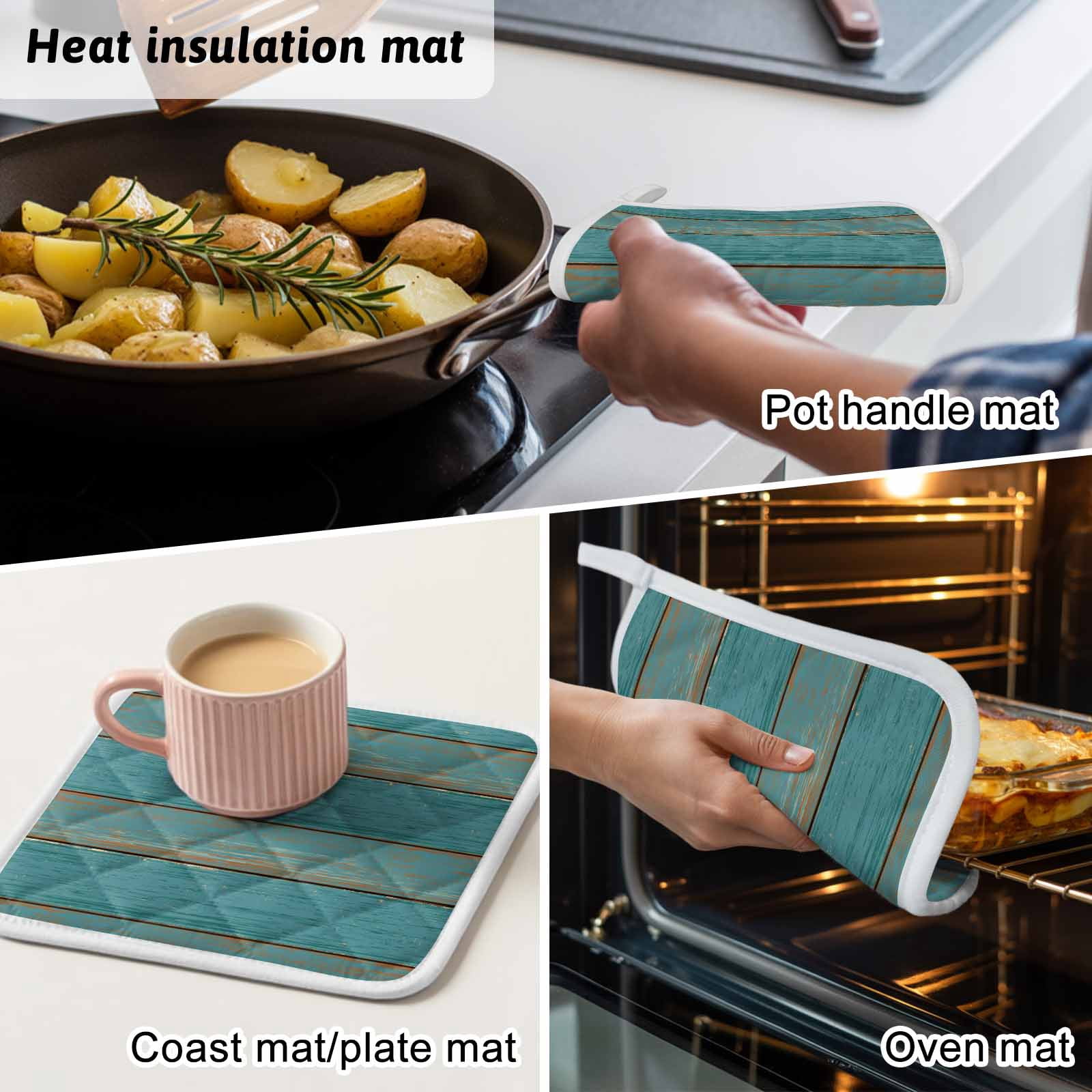 Teal Wood Grain Pot Holders for Kitchen Heatproof Potholder, 5 Pack Farmhouse Vintage Wooden Rustic Hot Pads Multipurpose Oven Pads Cloth Potholders Trivet for Cooking Baking