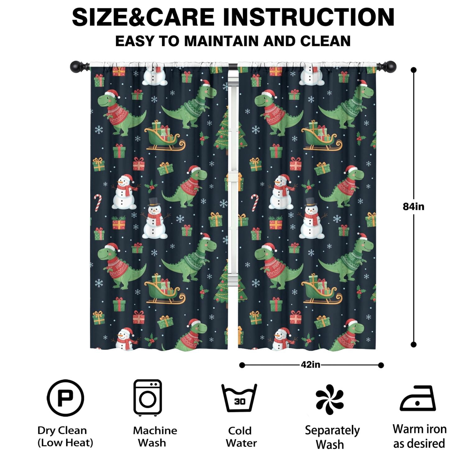 Blackout Kids Curtains,Christmas Dinosaur Pattern Childrens Insulated Curtains Set Of 2,Bedroom Essentials,Toddler Room Decor 42"x84"