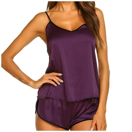 

wendunide lingerie for women Women s Underwear Satin Pajama Suspender Sleepcoat Shorts Lingerie Set Purple M