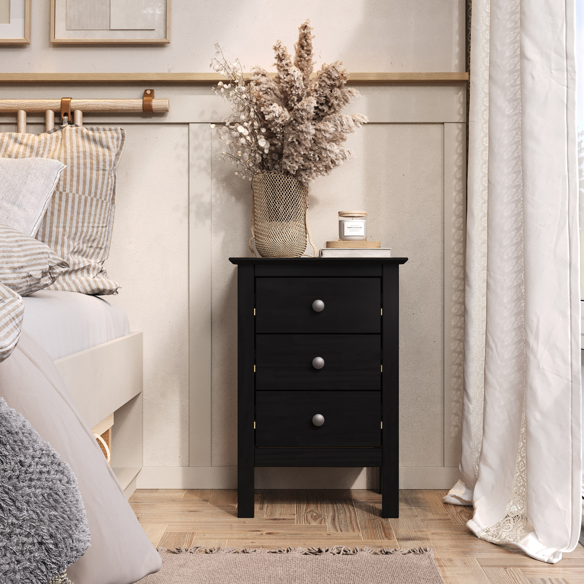 JelaThree Drawer End Table/Nightstand Black