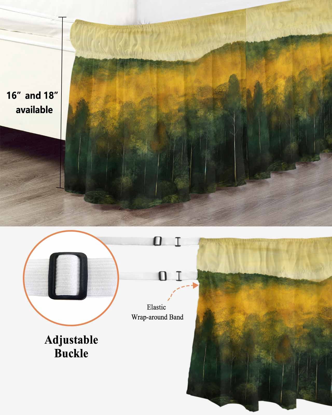 Green Yellow Forest Wrap Around Bed Skirts for King Bed 16" Drop, Bed Skirt with Adjustable Elastic Belt Dust Ruffle Bed Valance for Bedroom Hotel Luxury Oil Painting Landscape Bed Frame Cover