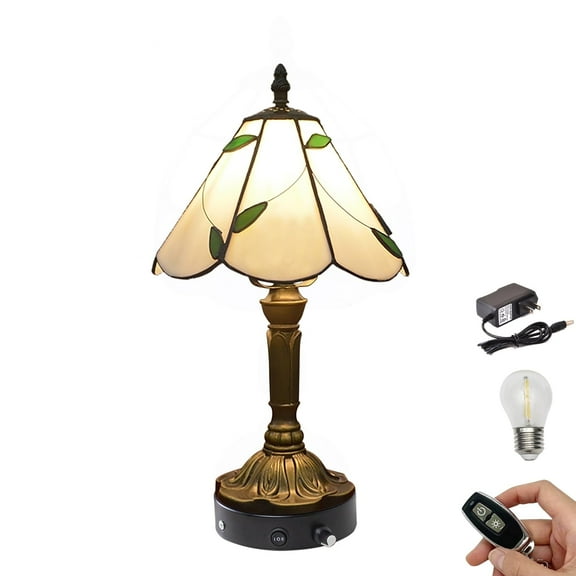 Kiven Cordless Table Lamp,1-Light Dimmable Bedside Lamps for Nightstand with Pink Glass Lampshade, Tiffany-Style Rechargeable Desk Lamp for Reading Home Decor Bedside TD0782
