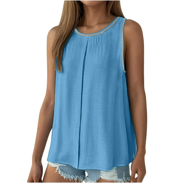 Timegard Camisoles pour Femmes Col Rond Froncé Sans Manches Fluide Été Décontracté Ample Hauts Tenue de Plage