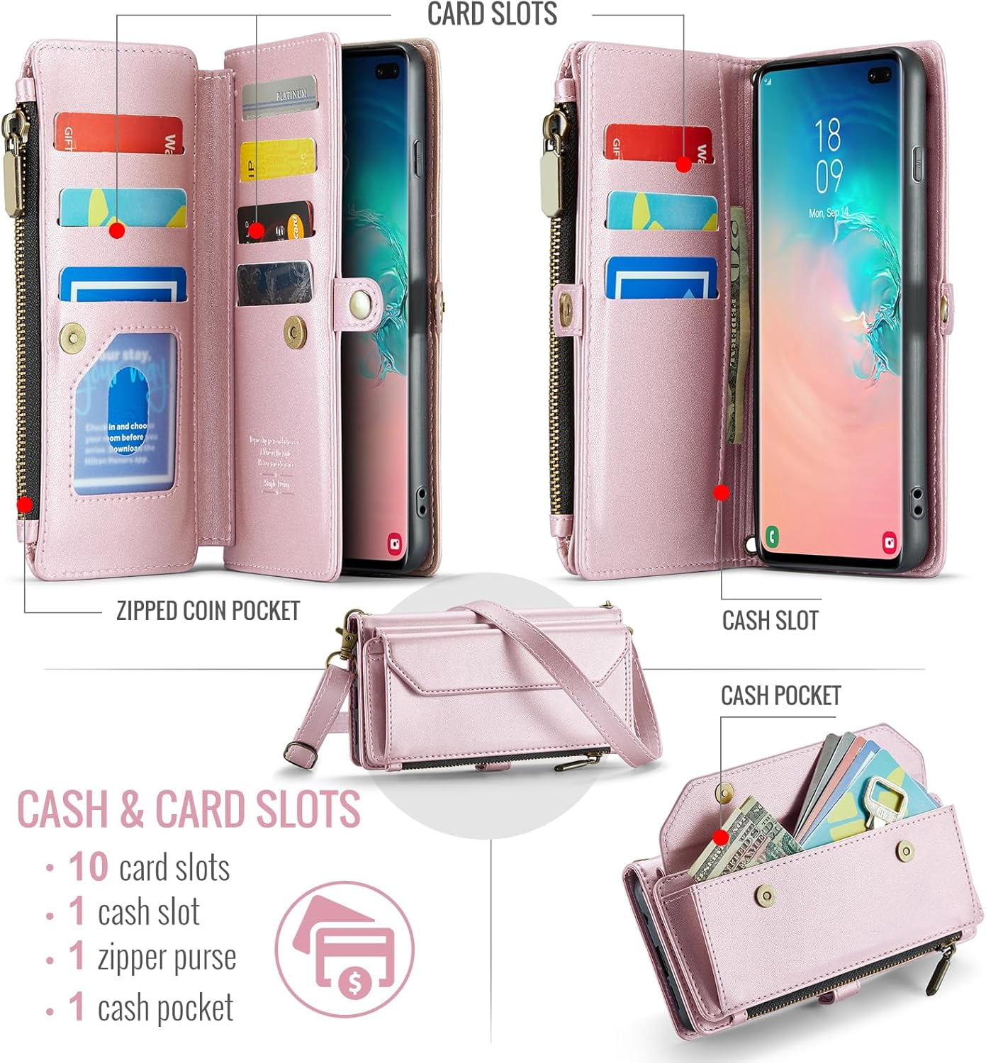 Phone Case for Samsung Galaxy S10 Zipper Wallet Cover with Tempered Glass Screen Protector and Leather Flip RFID Blocking Credit Card Holder Cell S 10 Edge 10S GS10 X10 Women Girls Rose Gold
