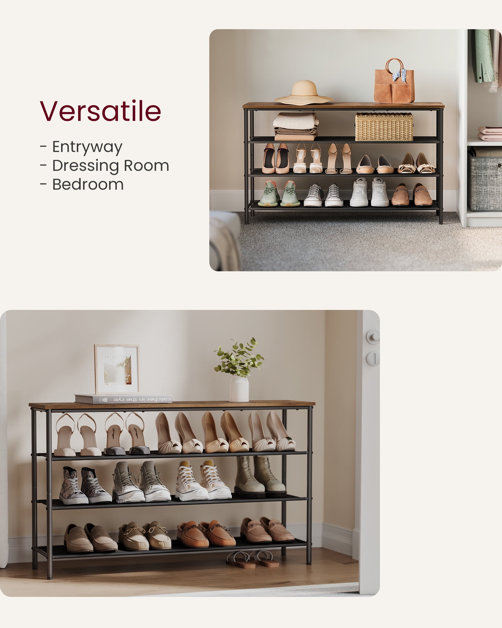 VASAGLE 4 Tier Shoe Rack for 15-18 Pairs,Shoe Organizer with Fabric Shelves and Wooden Top,  Rustic Brown/Black