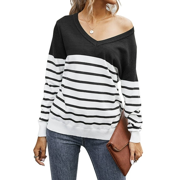 QELUSQELUS Women Long Sleeve V Neck Stripe Stitching Outwear Sweater Top