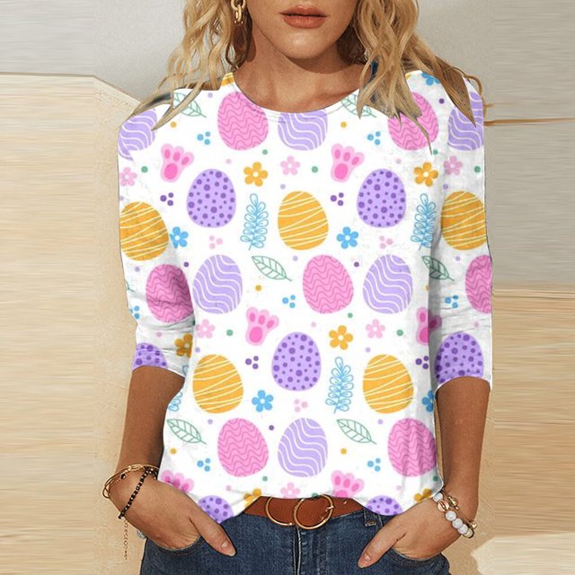 Babysbule Chemises de Pâques pour Femmes Liquidation Mode Féminine T-shirt Imprimé Œufs de Pâques Manches 3/4 Blouse Col Rond Hauts Décontractés