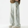 thumbnail image 3 of Men's Casual Distressed Irregular Hole Denim Pants Ripped Frayed Straight Wide Leg Jeans Baggy Pants, 3 of 5