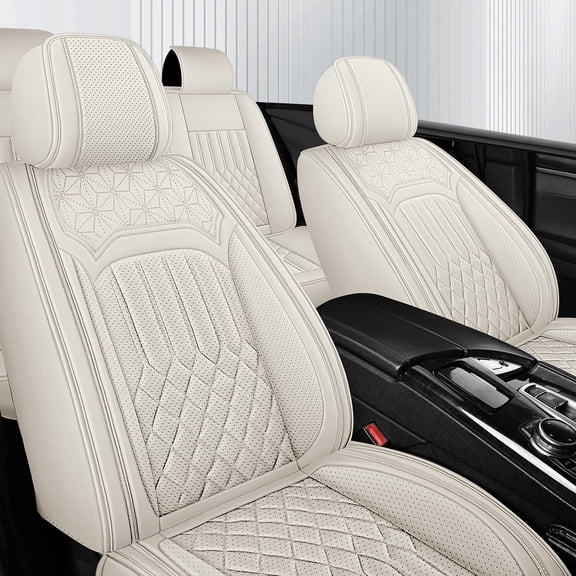 Seatendro Leather Car Seat Covers for Hyundai Suvs Sedans, Breathable Luxury Nappa Leather Automotive Seat Covers Full Set 5-Seats, Waterproof Car Interior Seat Cushion, Cream White