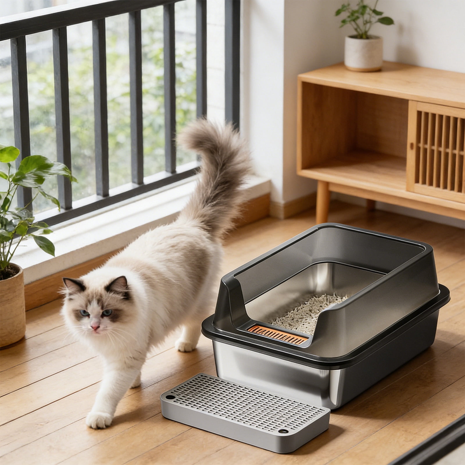 Stainless Steel High Sided Litter Box, Large Open Top Cat Litter Pan with Step Platform, Odor Resistant & Easy Clean, Non-Slip Kitty Tray with Scoop for Small & Large Cats