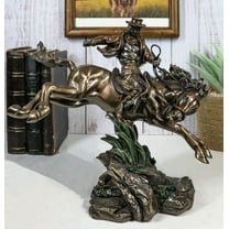 Rustic Western Rodeo Cowboy Riding On Galloping Wild Mustang Horse Figurine