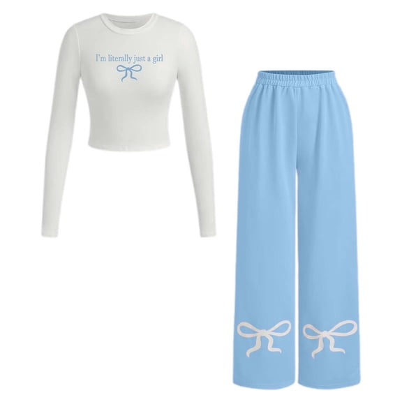 HSHMT Womens 2 Piece Outfits Sweatsuits Sets I'm Just A Girl Bow Trim Print Sweatsuit Sets T Shirt Trousers Two Piece For Women