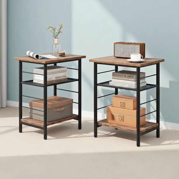 Barara King Set of 2 End Tables with 3-Tier Storage Shelves and Metal Frame for Living Room, Bedroom, Lounge Accent Furniture Pair, Rustic Brown