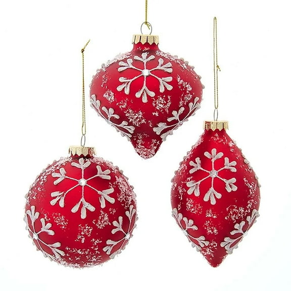 Set of 3 SNOWFLAKE Red & White Glass Christmas Ornaments, by Kurt Adler
