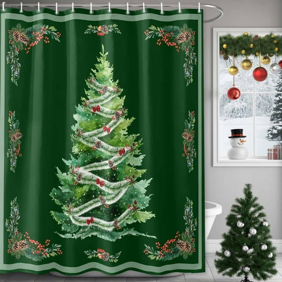 Christmas Trees Pine Cone Shower Curtain for Bathroom, Winter Botanical Green Theme Waterproof Shower Curtains Washable Quick Dry with Hooks Bathtub Curtains 72x72IN