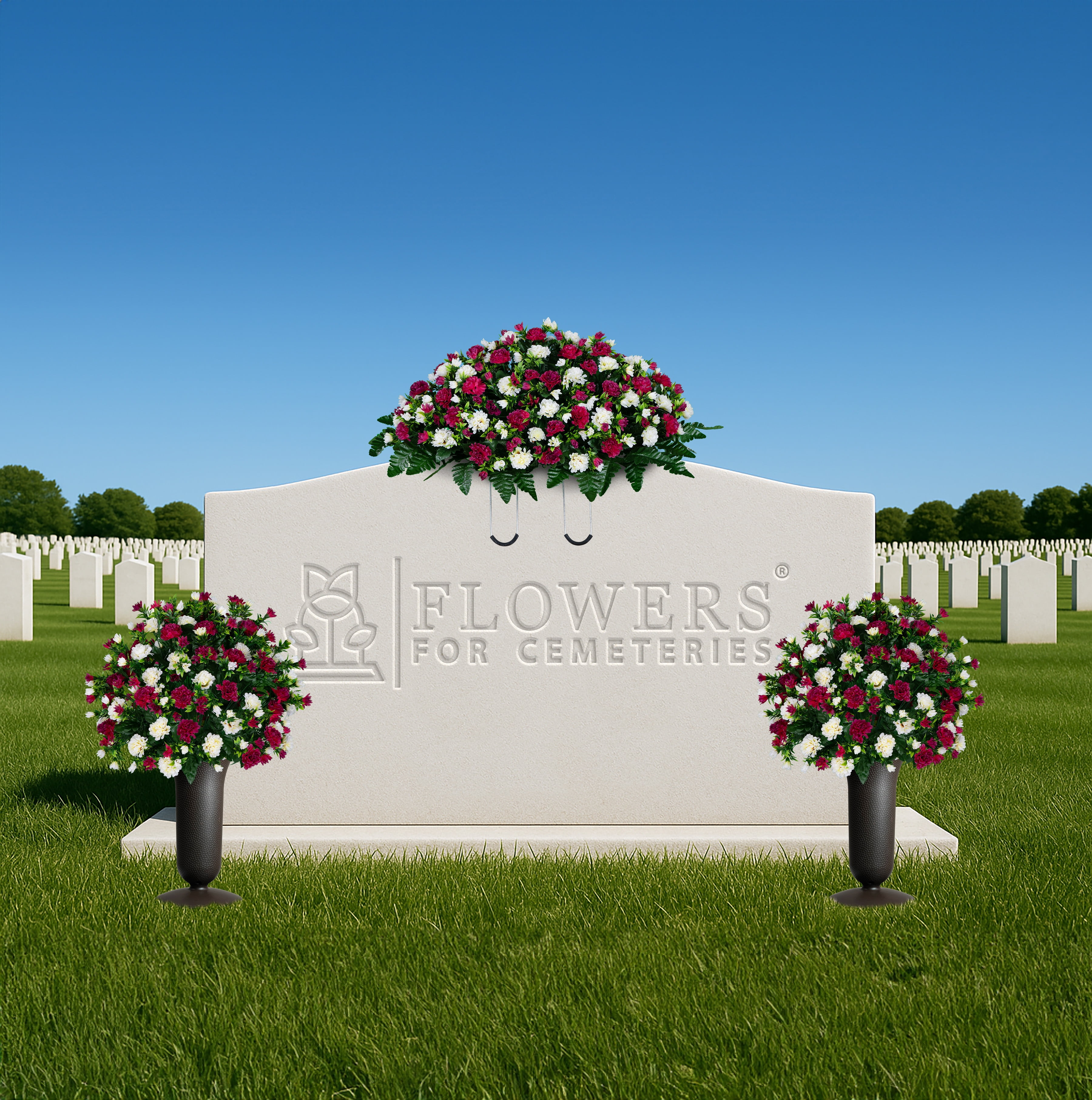 Sympathy Silks Artificial Cemetery Flowers Beauty and Cream Garden Mums 2 Bouquets & Saddle with Vases