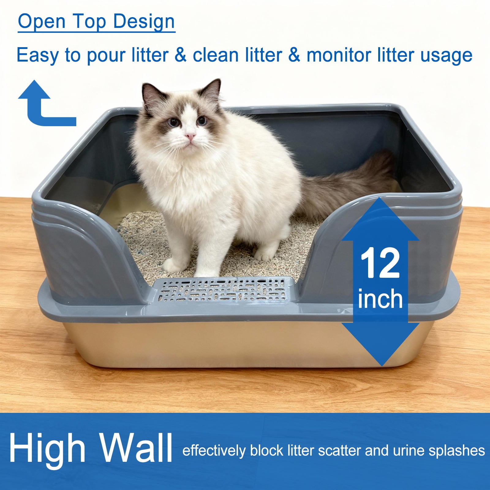 2 Pack Stainless Steel Cat Litter Box with High Sided Lid, 23.6" L x 15.8" W x 11.8" H - XL Metal Litter Box Pan for Big Cats, High Wall Enclosure, Non Stick, No Smell, Easy to Clean, Scoop Included